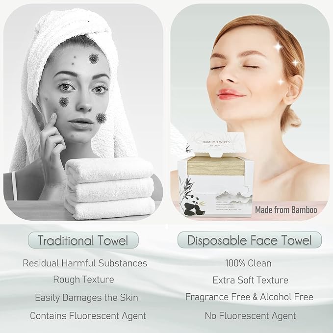 Bamboo Rayon Disposable Face Towel Biodegradable Large Dry Face Wipes 120 Count / 2 Boxes Extra Thick Soft Clean Facial Towels for Sensitive Skin, Makeup Removing, Facial Cleansing, Nursing