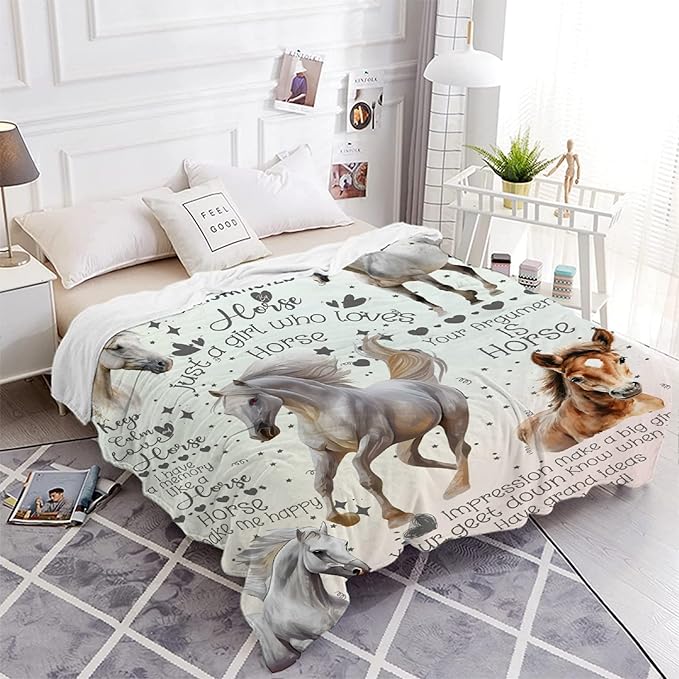 Horse Throw Blanket for Women Men Flowers Animals Blanket Gifts for Adults Cute Horse Lightweight Blanket 60X80 Inches for Bed All Season