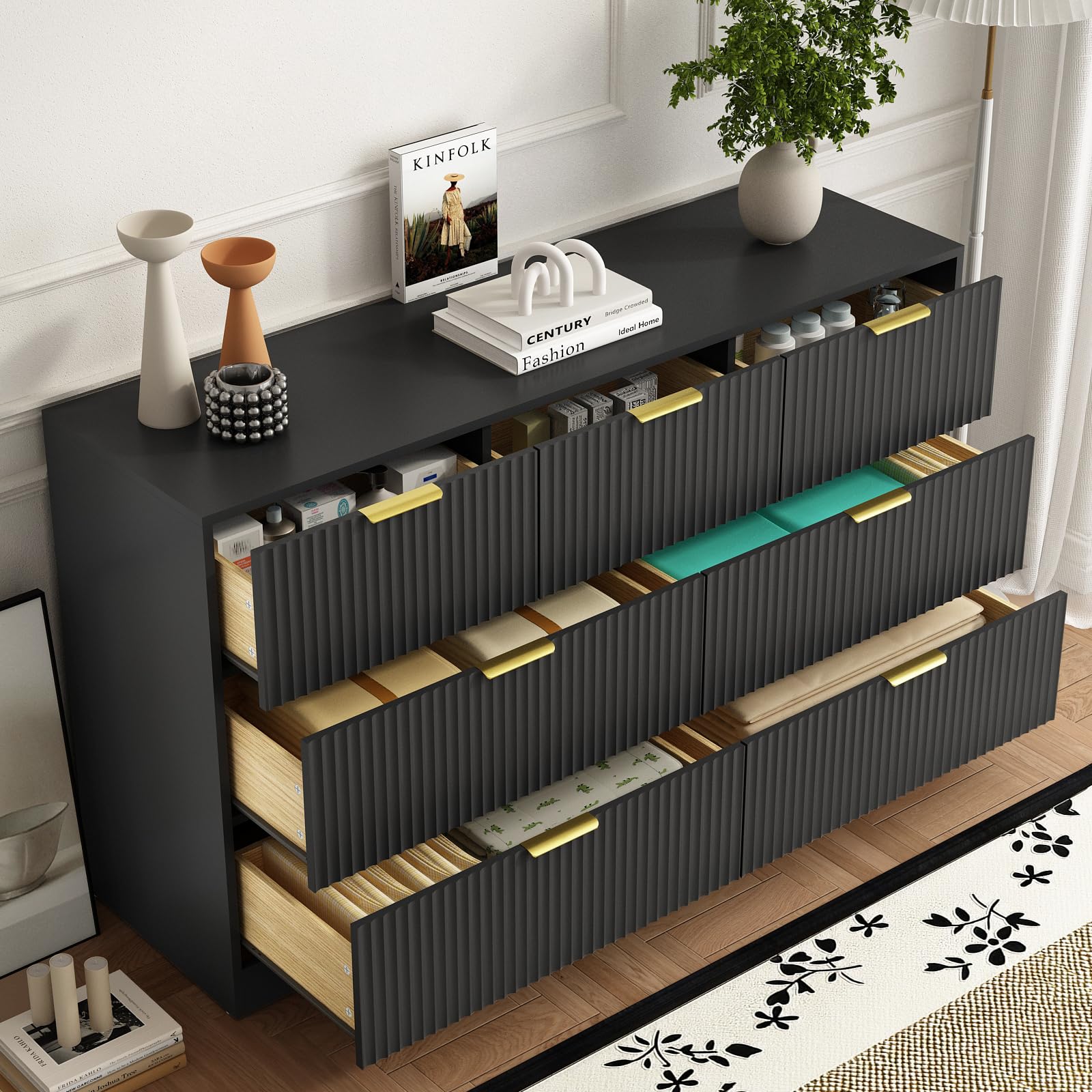 Sscaktu 7 Drawer Fluted Dresser with Deep Drawers for Bedroom, Black丨55 Wide Mid Century Dresser, Modern Chest of Drawers, Wood TV Stand Storage Organizer for Closet, Living Room, Hallway