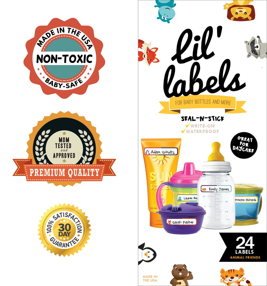 Bottle Labels, Write-On Name, Self-Laminating, Waterproof, Baby Bottle Label for Daycare, Made in The USA (Animal Friends Set of 2)