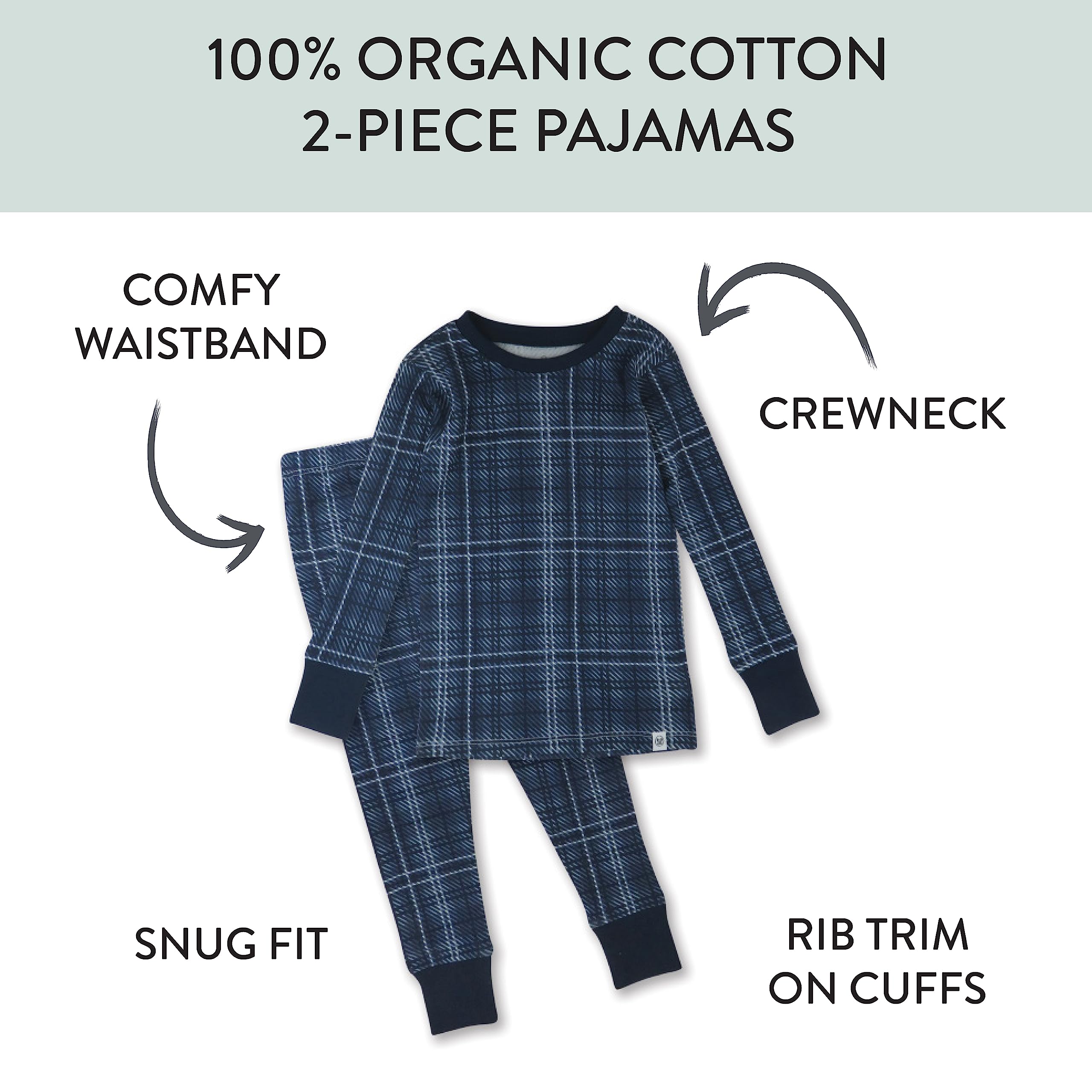 HonestBaby Baby Boys 4-Piece Long Sleeve PJ Set, Blue Plaid, 12 Months
