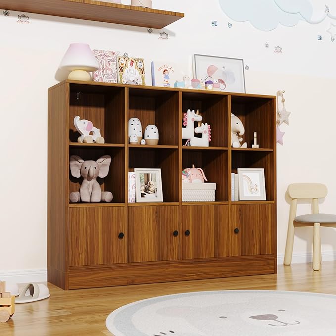 Brown Bookshelf, Wood Bookcase with 3 Tier Shelves, 12 Cube Storage Organizer with Doors for Bedroom, Living Room, 47.8" W x 39.1" H