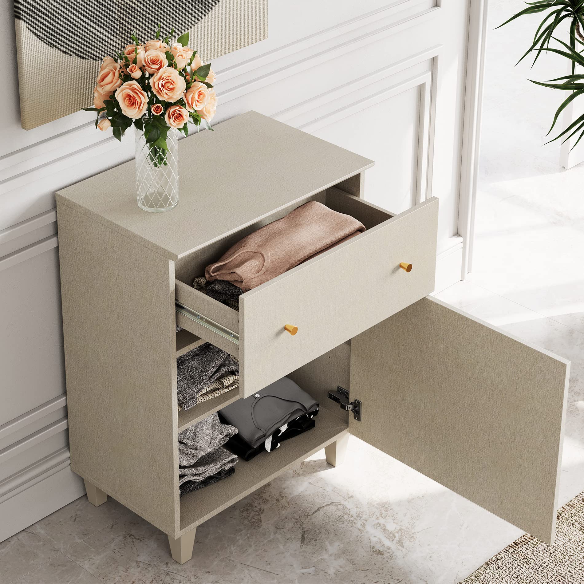 WAMPAT Dresser with 2 Doors & 8 Drawers for Bedroom, 2-in-1 Wood Chest of Drawers, 94.4" Wide Modern Closet Storage Organizer with Adjustable Shelves for Kids Room, Beige Linen Printed Finish