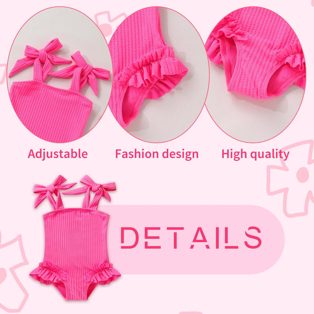 Happy Town Toddler Swimsuit Girl Solid Color Stripe One-Piece Baby Bathing Suits (Solid Hot Pink, 12-18 Months)
