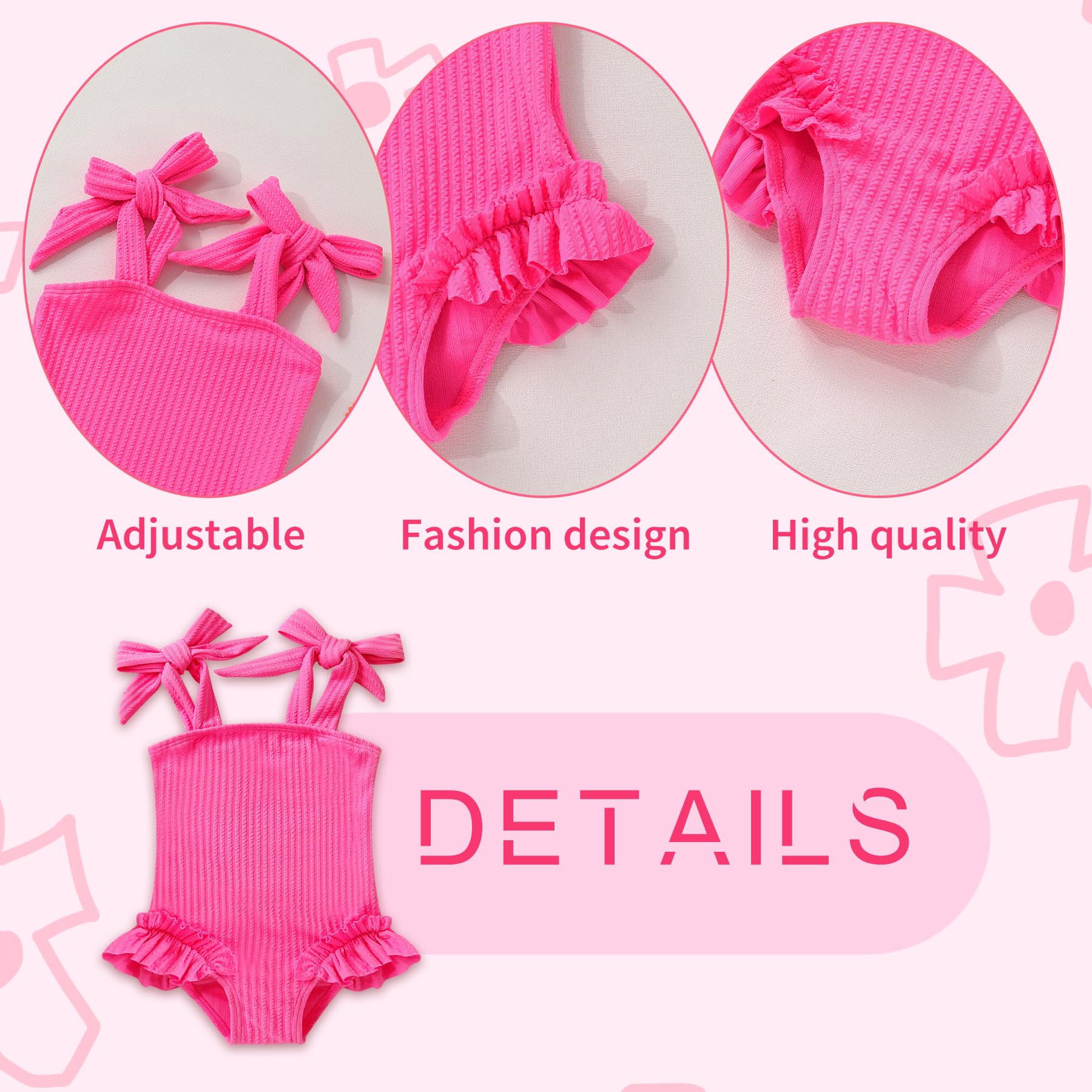 Happy Town Toddler Swimsuit Girl Solid Color Stripe One-Piece Baby Bathing Suits (Solid Hot Pink, 12-18 Months)