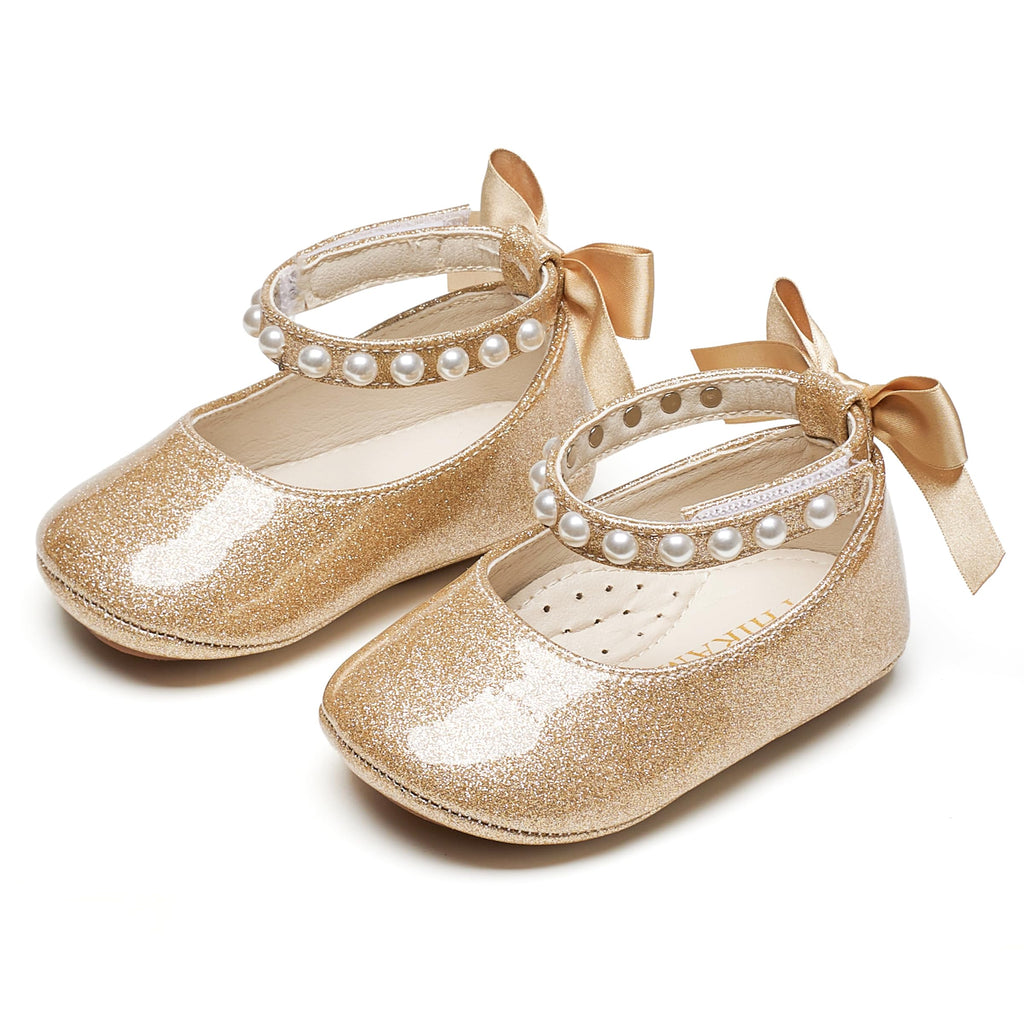 PHIRAMIN Baby Girls Glitter Gold Mary Jane Flats - Infant 9-12 Months Walking Shoes Soft Rubber Sole Princess Wedding