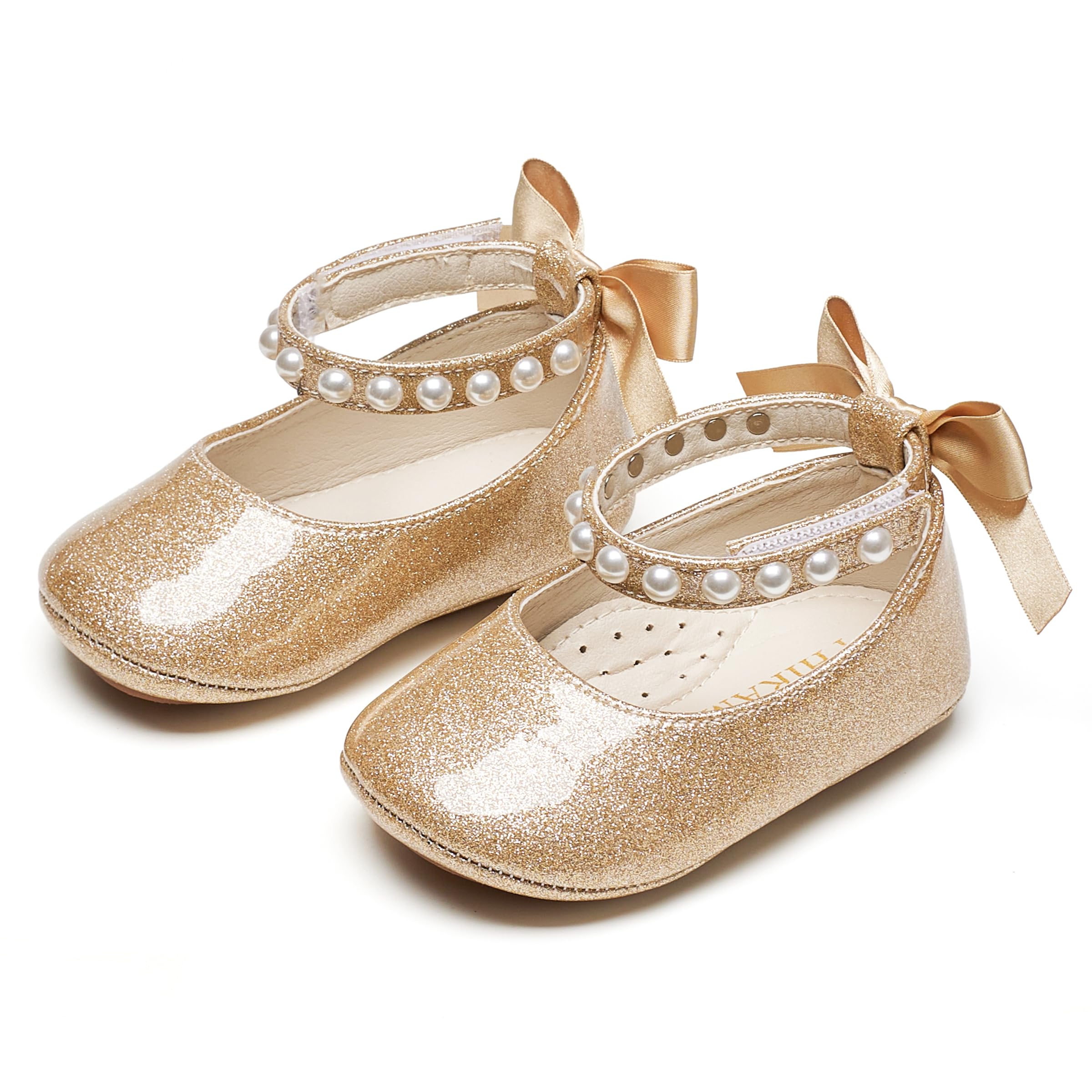PHIRAMIN Baby Girls Glitter Gold Mary Jane Flats - Infant 9-12 Months Walking Shoes Soft Rubber Sole Princess Wedding