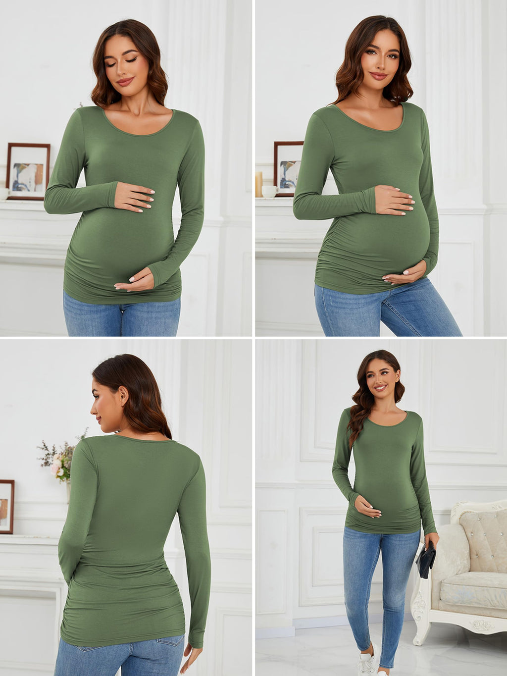 Ecavus Women's 4-Pack Maternity Shirts Long Sleeve Soft Stretchy Pregnancy Tops Side Ruched Casual Mama Clothes