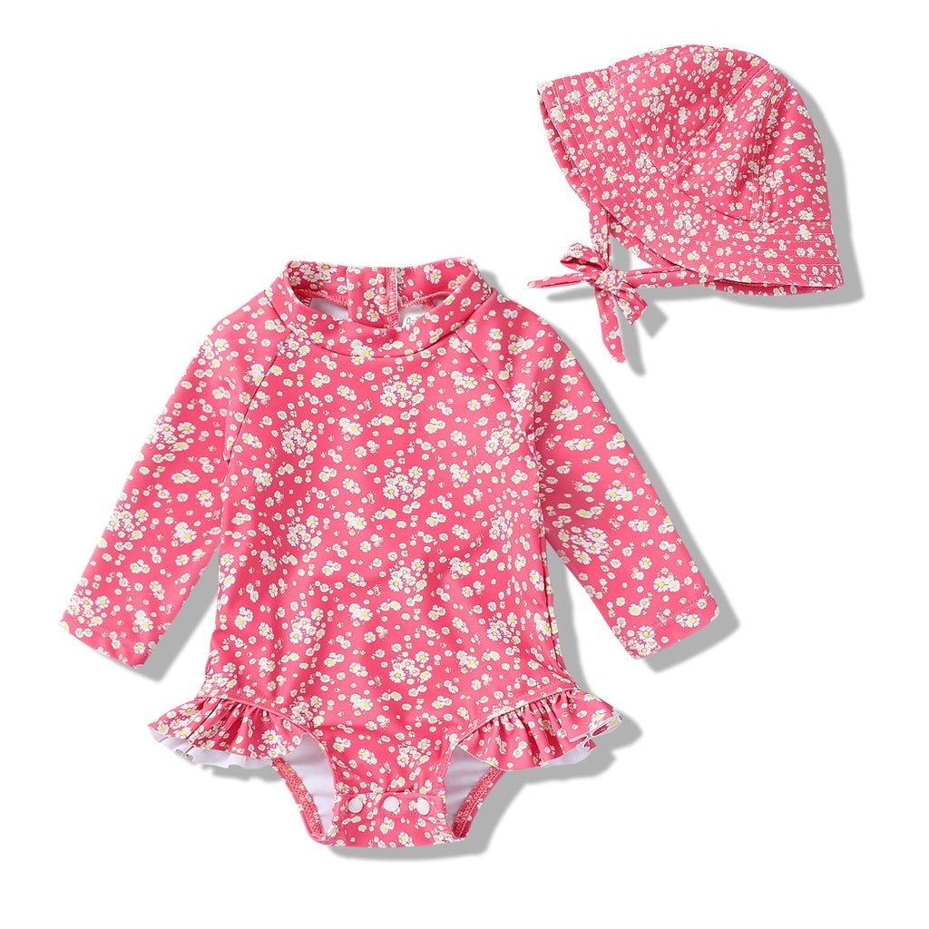 YOUNGER TREE Infant Baby Girl Swinsuit One-Piece Long Sleeve Rash Guard with Hat Set Floral Zipper Bathing Suit Leopard Beach Wear (6-12 Months, Flower#1)