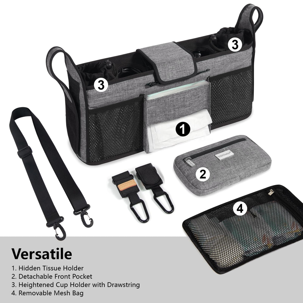 TOPDesign Universal Baby Stroller Organizer, Double Stroller Caddy with Detachable Mesh Bag & Heightened Insulated Cup Holders & Non-Slip Secure Hooks Accessories, Fits Most Strollers (Blue)