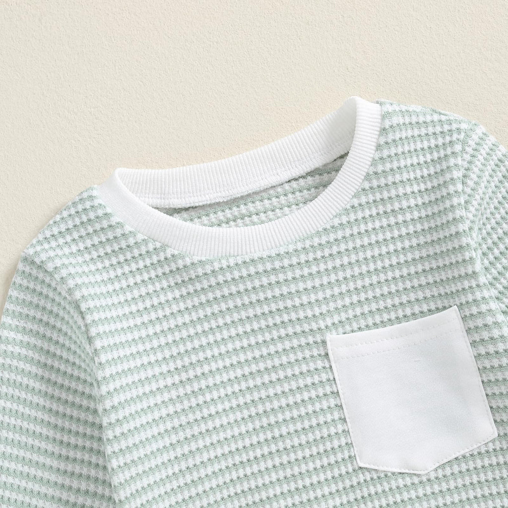 Fufuriprefer Toddler Baby Boy Fall Clothes Waffle outfit Long Sleeve Top Jogger Pant Set (White Green, 6-12 Months)