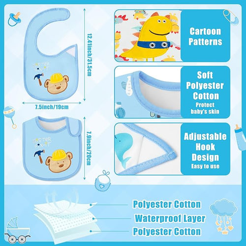 2ooya Cotton Waterproof Baby Bibs - 24Pcs Blue Adjustable Hook Loop Closure Infant Bib Newborn Babies Food Bibs Keepsake Baby Gift for Feeding Teething Drooling Eating, 6-12 Months