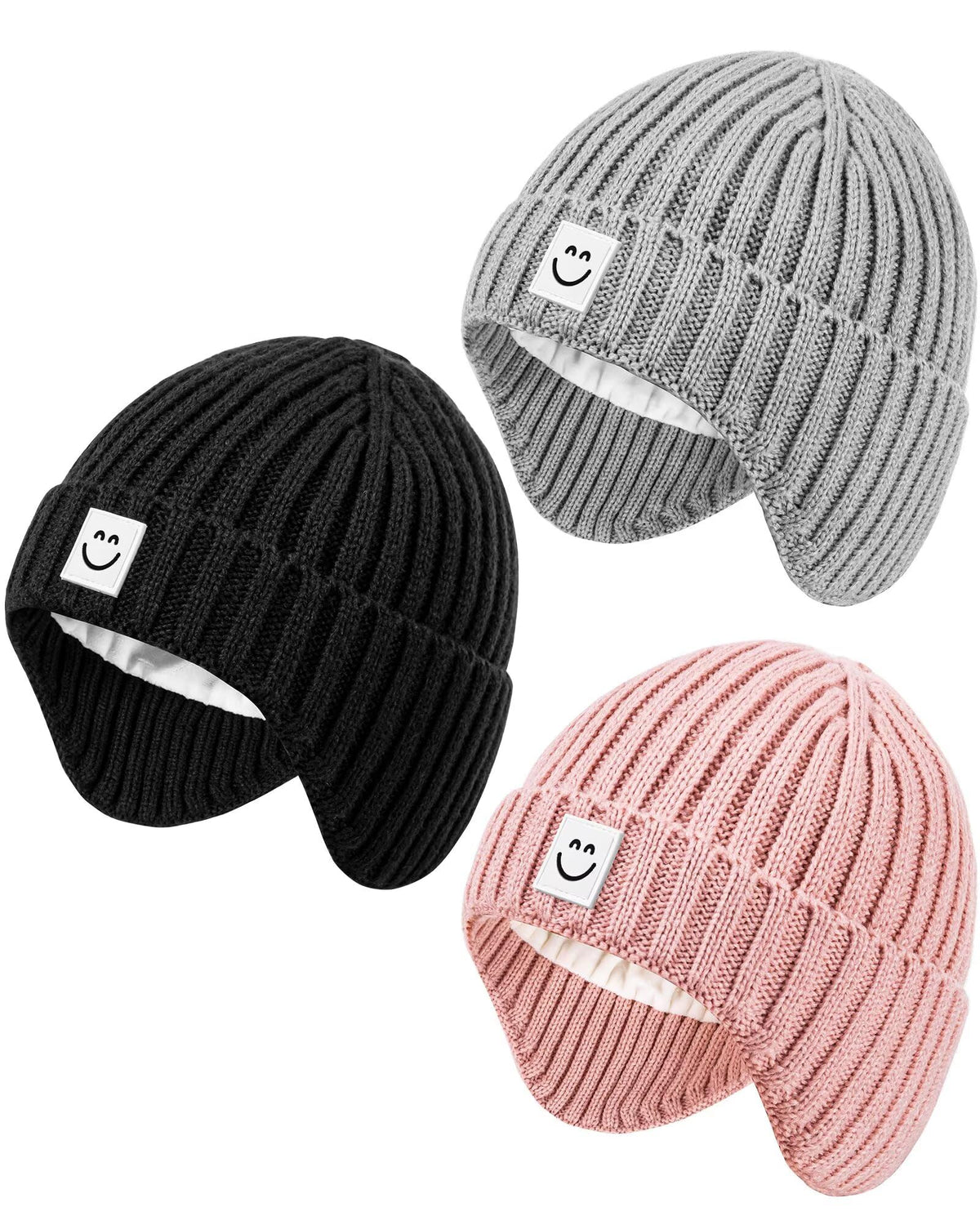Alepo 3 Pack Baby Beanie Hats with Earflaps, 2 Size Baby Winter Hat for Newborn Infant Toddler Kids Children with Cute Smiley Face, Soft Warm Fleece Lined Knit Hat for Girls Boys-13