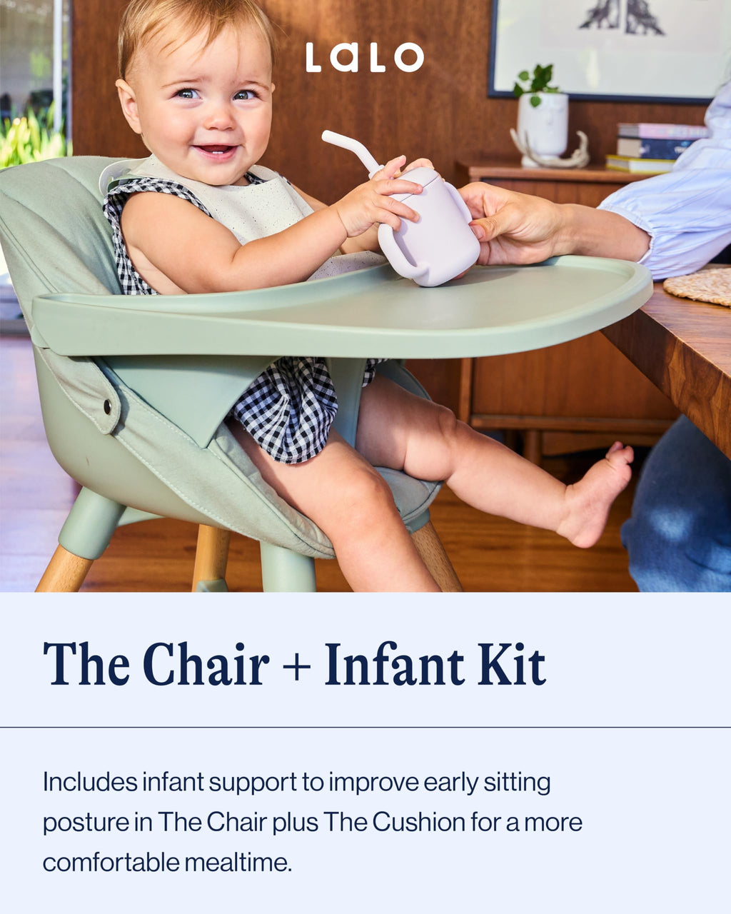 Lalo The High Chair Infant Kit - Convertible Wooden High Chair for Babies & Toddlers with Infant Support & Cushion, Grows with Your Child, Dishwasher Safe Tray, Adjustable Footrest Coconut