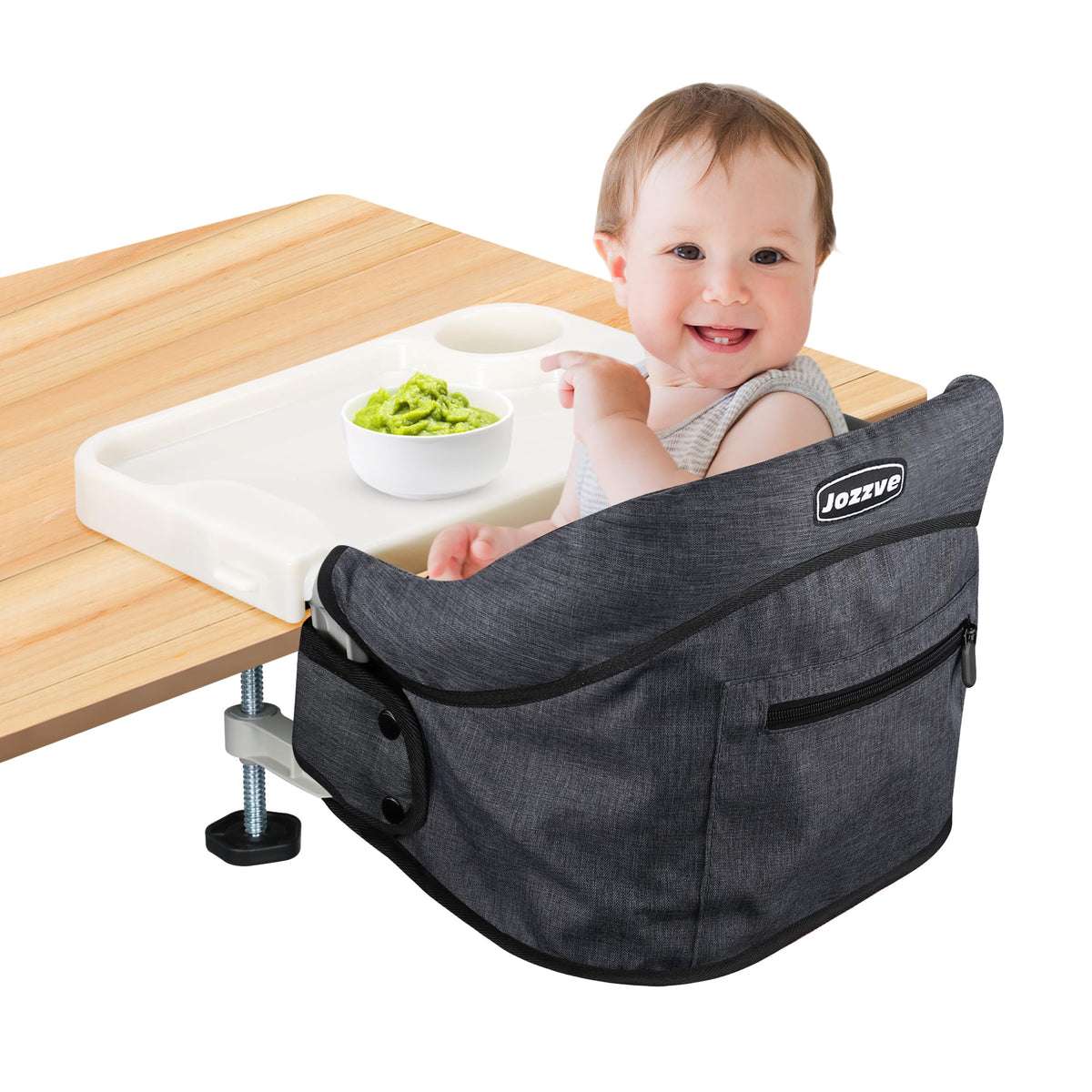 JOZZVE Hook On High Chair with Tray, Clip-On Feeding Seat, Grey