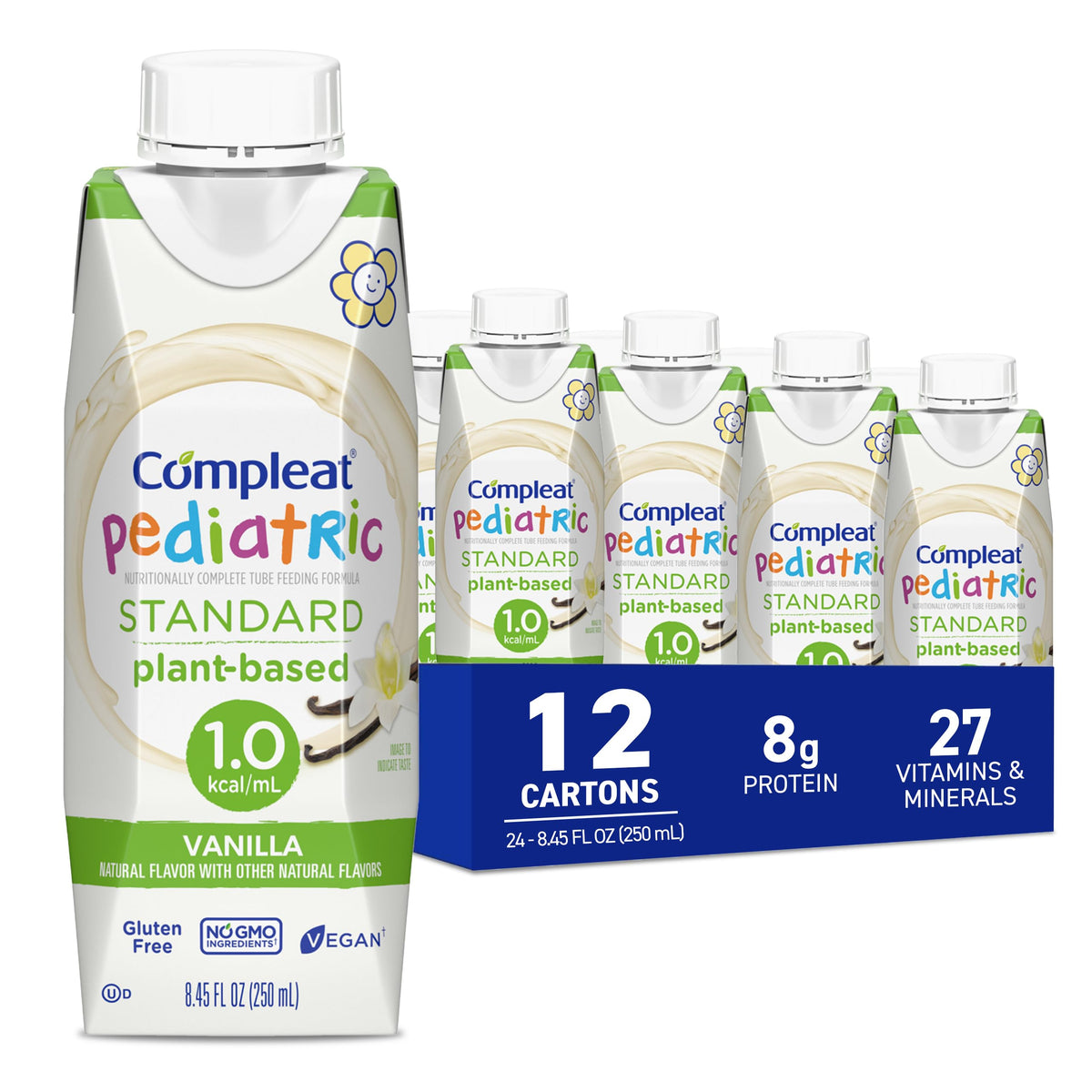 Compleat Pediatric Standard 1.0 Plant-Based Vanilla Nutrition Shake, 8g of Protein, 27 Vitamins & Minerals - Vegan Tube Feeding Formula, 8.45 Fl Oz (Pack of 12)