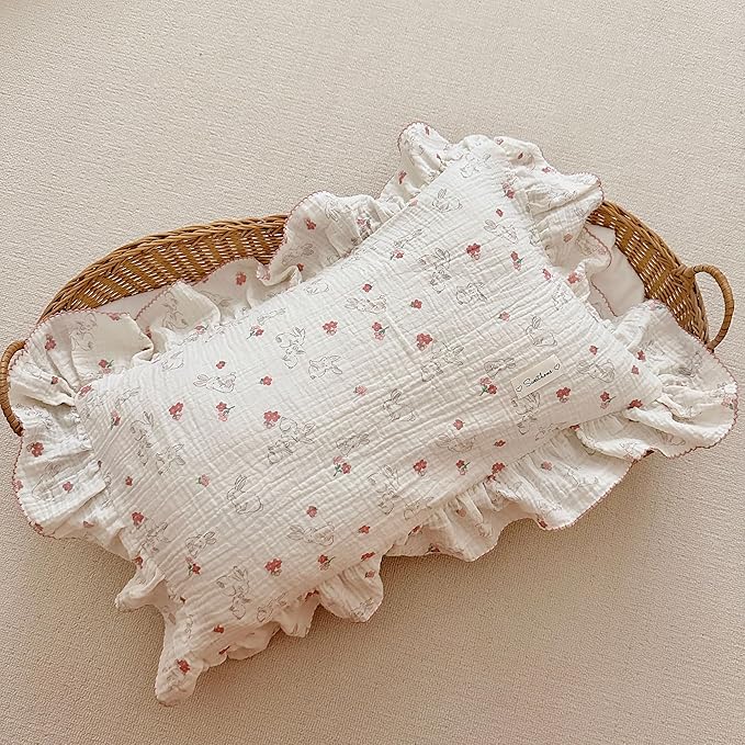 AOJIM Muslin Cotton Kids Toddler Pillowcase with Floral and Rabbit Pattern, Super Soft Comfy Ruffle Edge Nursery Pillowcase for Boys and Girls, Machine Washable Baby Bedding Pillowcase 1pc, 20"x14"