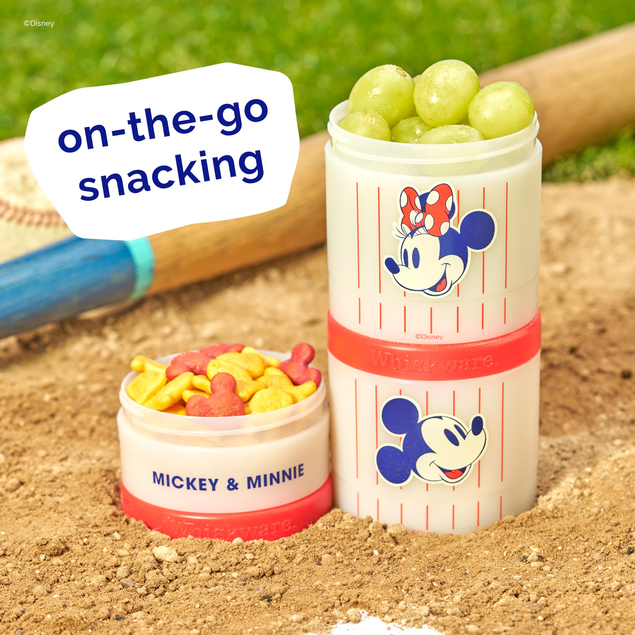 Whiskware Disney Mickey Mouse and Friends Stackable Snack Containers for Babies, Toddlers, and Kids, 3 Stackable Snack Cups for School and Travel, Cupholder Friendly, Mickey and Minnie! Baseball!