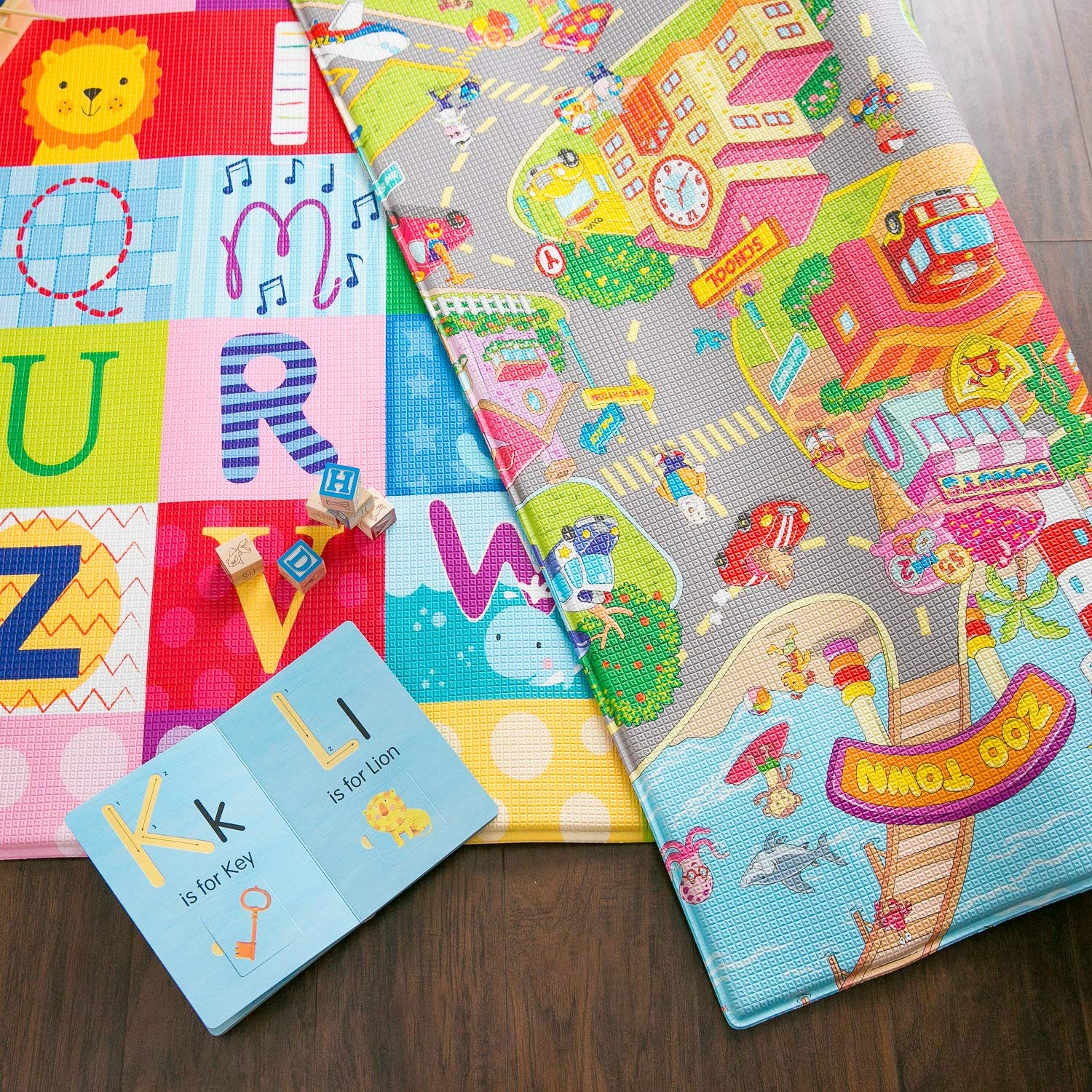 Baby Care Play Mat (Medium, Playful - Zoo Town) 73’’ x 49’’ Original One-Piece Reversible Rollable Waterproof Play Mat for Infants, Babies, Toddler, and Kids