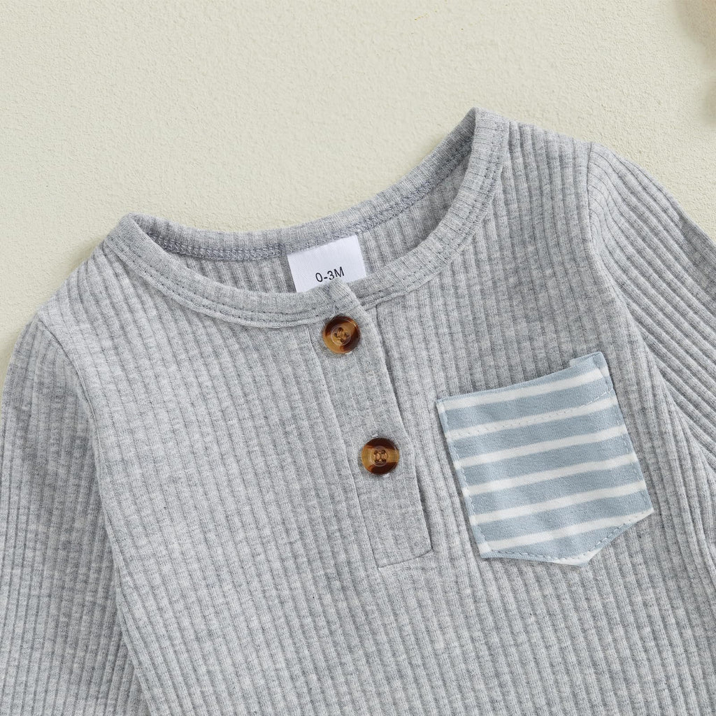 fhutpw Baby Boy Clothes 3 6 12 18 Months Ribbed Knitted Long Sleeve Romper and Pants Sets Newborn Fall Splicing Color Outfits (Y Gray & Blue, 0-3 Months)