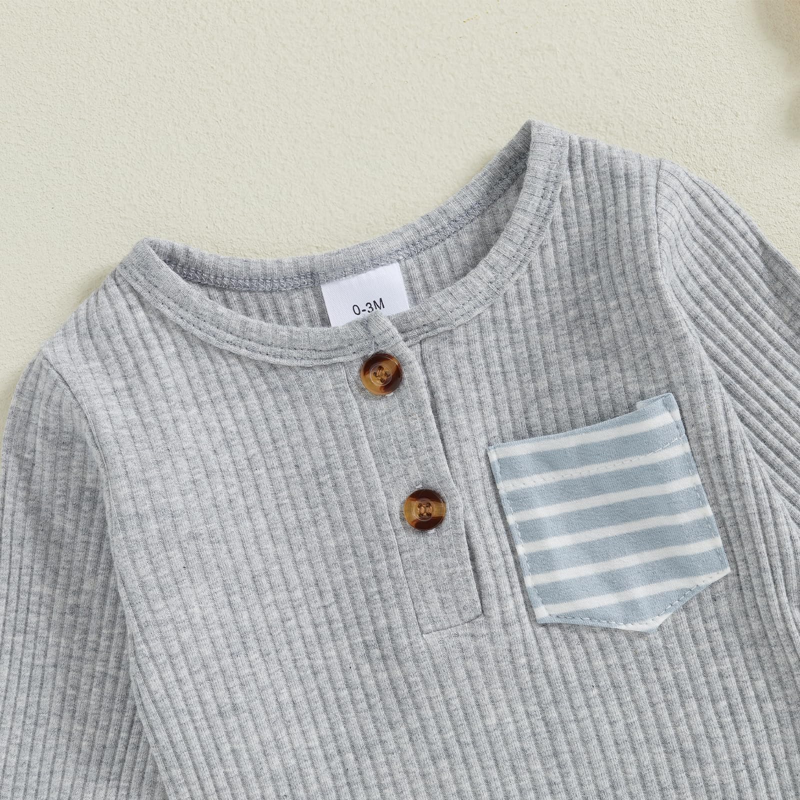 fhutpw Baby Boy Clothes 3 6 12 18 Months Ribbed Knitted Long Sleeve Romper and Pants Sets Newborn Fall Splicing Color Outfits (Y Gray & Blue, 0-3 Months)