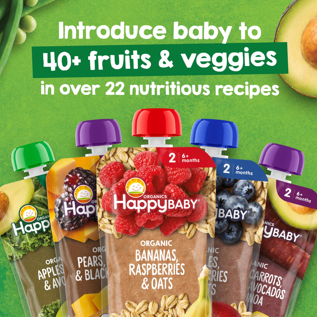 Happy Baby Organics Stage 2 Baby Food Pouches, Gluten Free, Vegan & Healthy Snack, Clearly Crafted Fruit & Veggie Puree, Apples, Guavas & Beets, 4 Ounces (Pack of 16)