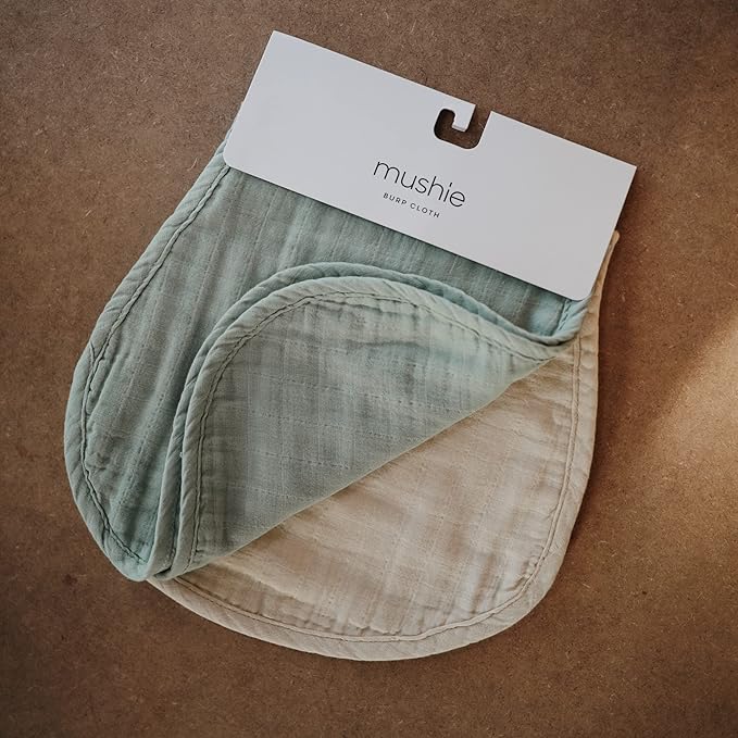 mushie Muslin Baby Burp Cloths | 100% Organic Cotton, Set of 2 (Roman Green/Fog)