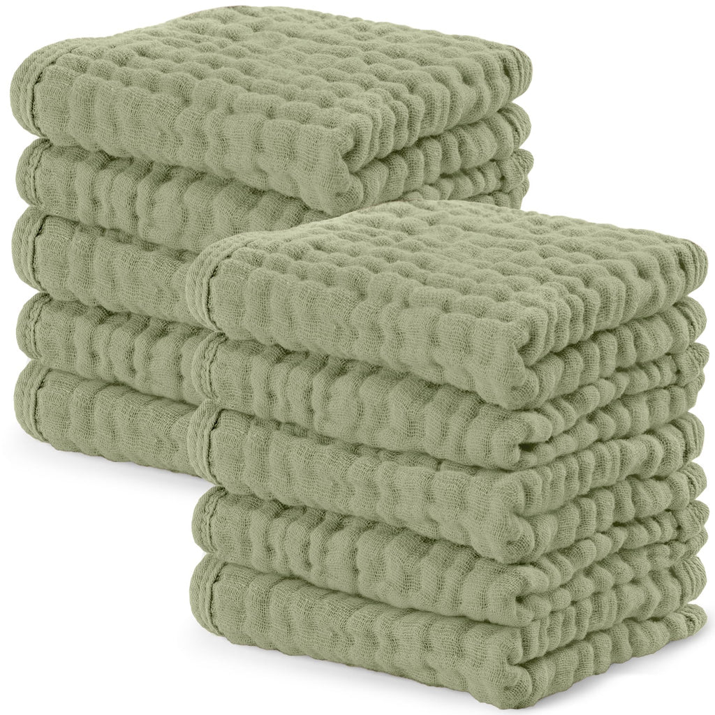 Comfy Cubs Muslin Baby Washcloths 10 Pk - Cotton Wash Cloths - Sage