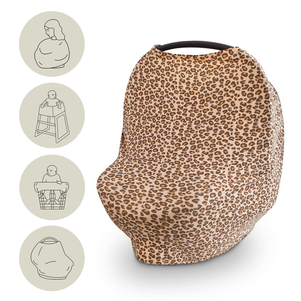 mushie Baby Car Seat Canopy Cover | Breathable & Stretchy Multi Use Cover for Breastfeeding, Nursing, High Chair, Shopping Cart, Strollers (Leopard)