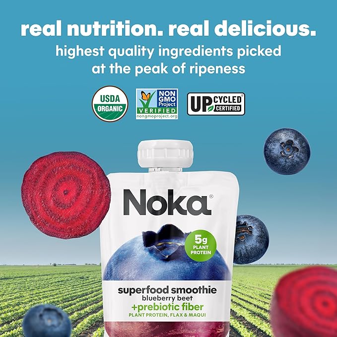 Noka Superfood Smoothie Pouches (Blueberry Beet) 4 Pack, with Plant Protein, Prebiotic Fiber & Flax Seed, Organic, Gluten Free, Vegan, Healthy Fruit Squeeze Snack Pack, 4.22oz Each