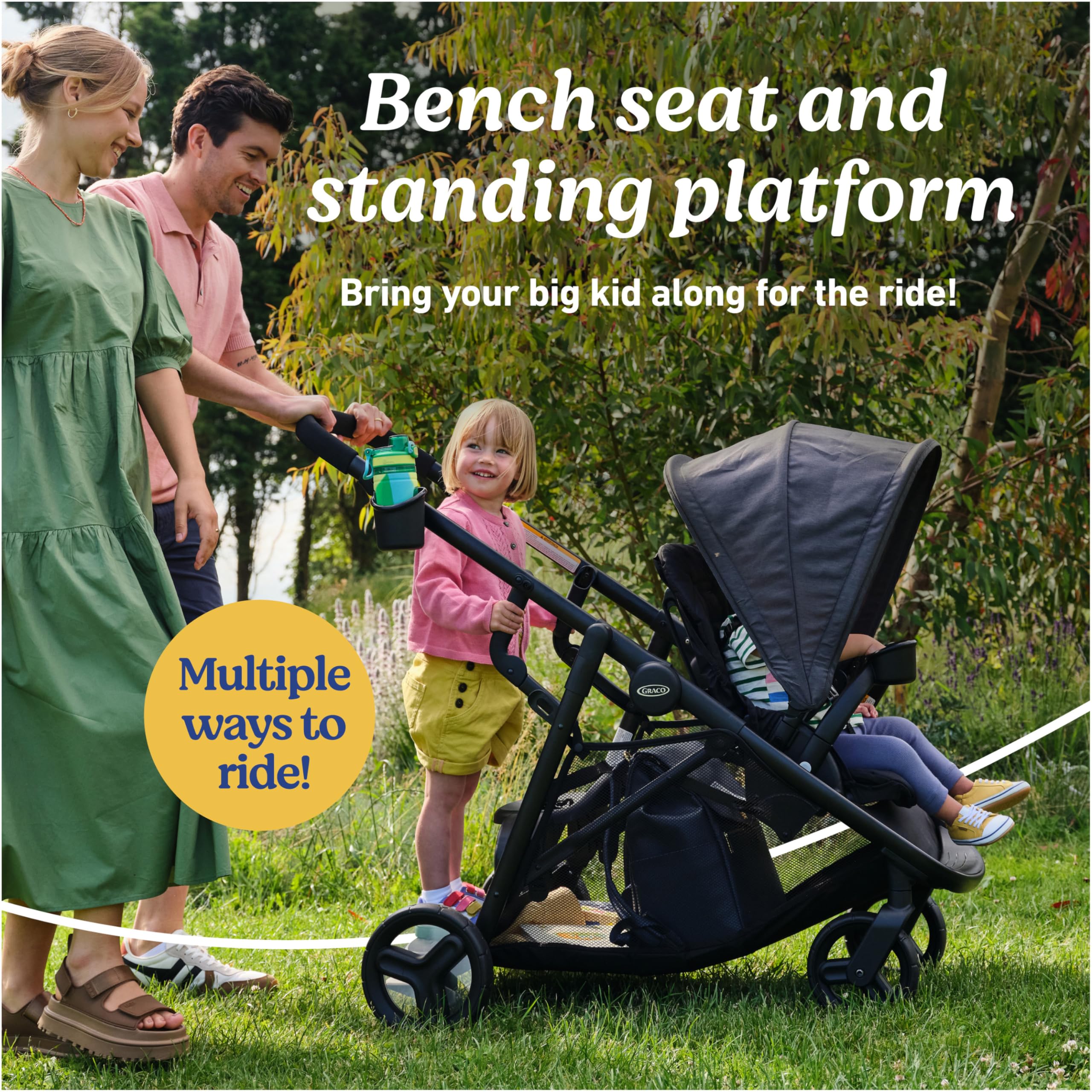 Graco Ready2Grow LX 2.0 Double Stroller, Twin Baby Stroller Features Bench Seat and Standing Platform Options, Compact Fold Perfect for Baby Travel, Clark