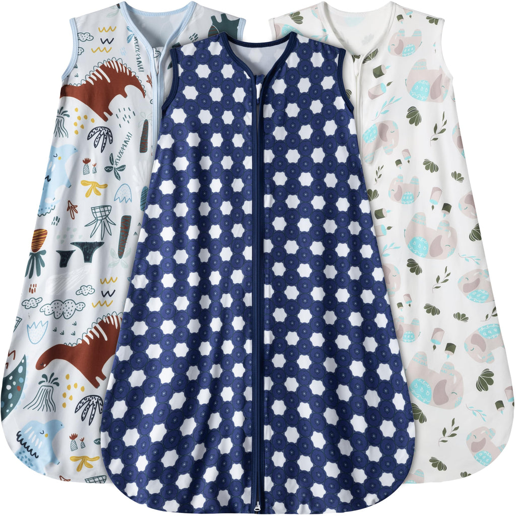 GUNTAIL Baby Sleep Sack 0-6 Months 3 Pack Baby Wearable Blanket 100% Rayon Cotton 2-Way Zipper Toddler Sleeping Sack.Comfy Soft Lightweight TOG 0.3 (Elephant&Dinosaur&Hexagon,)