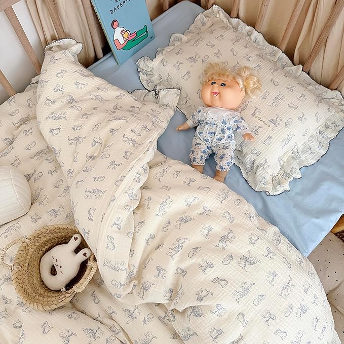AOJIM Cotton Muslin Kids Pillowcase with Cute Cat Patterns, Super Soft Crib Nursery Pillowcase 1PC for Boys Girls, Ruffled Edges Toddler Bedding for Room Decor, Machine Washable, 14x20 Inches