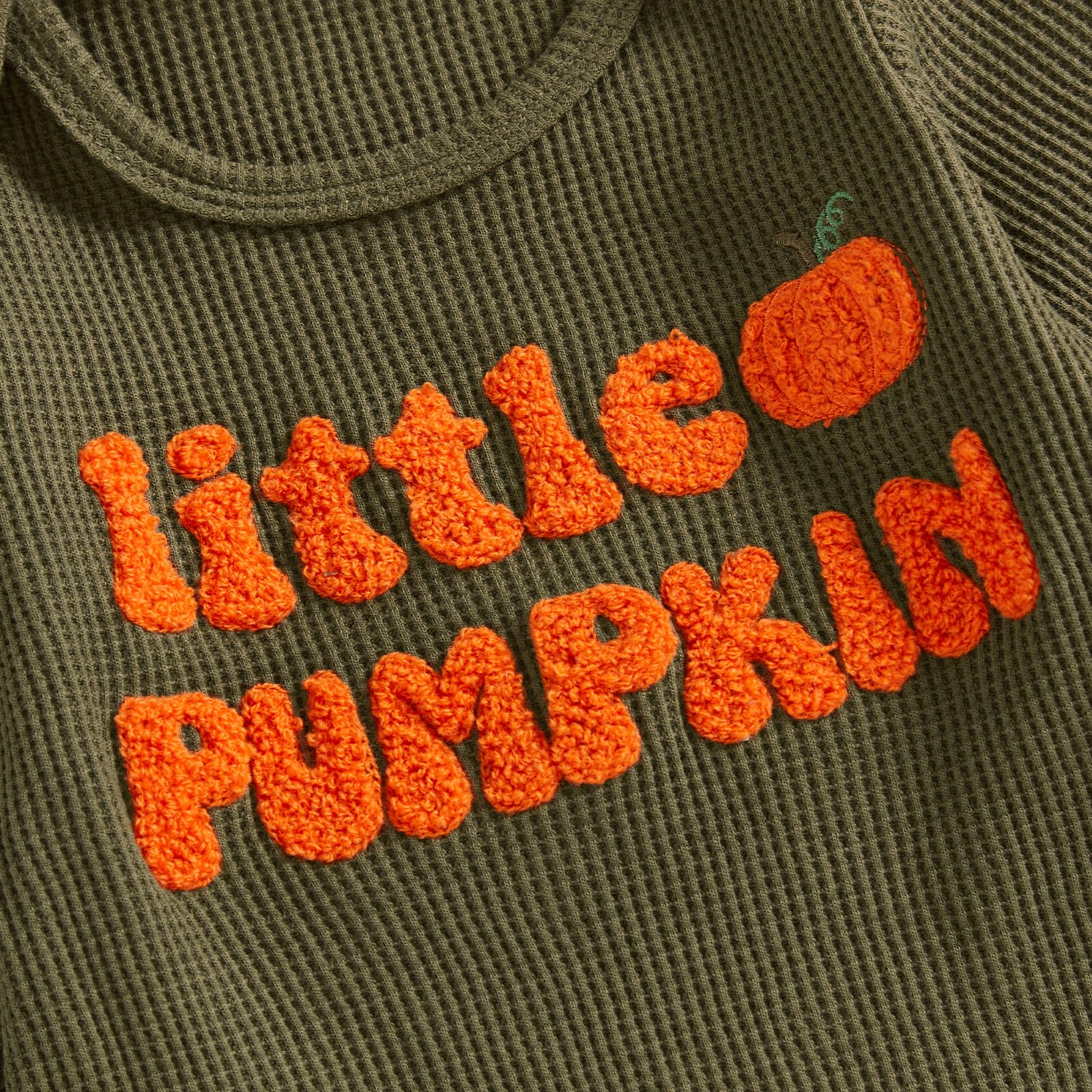 Doqcey Newborn Infant Baby Boy Halloween Outfit Little Pumpkin Embroidery Romper Waffle Knit Long Sleeve Jumpsuit with Hat (Green, 3-6 Months)