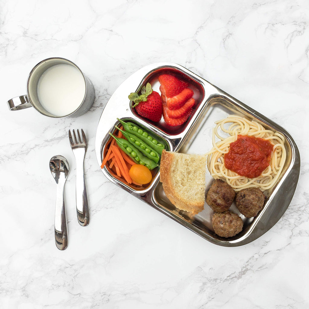 Children's Premium Stainless Steel Dinnerware Set | 1 Bowl with Handles, 1 Cup with Handle & 1 Divided Plate | Education Series | Ideal for Babies, Toddlers & Kids | by Kiddobloom