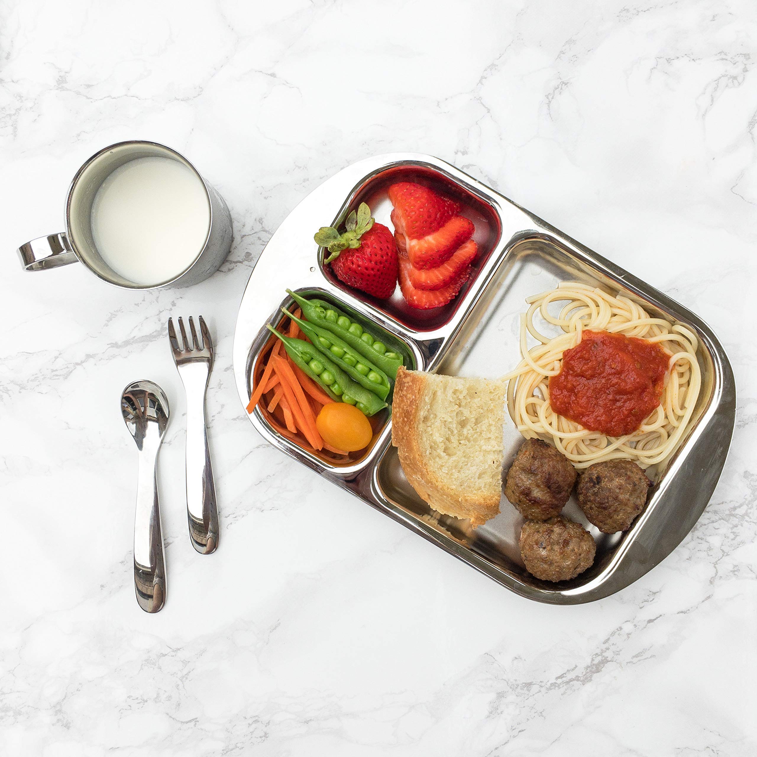 Children's Premium Stainless Steel Dinnerware Set | 1 Bowl with Handles, 1 Cup with Handle & 1 Divided Plate | Education Series | Ideal for Babies, Toddlers & Kids | by Kiddobloom