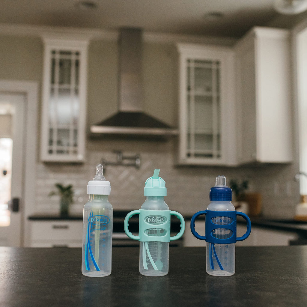 Dr. Brown's Narrow Sippy Straw Bottle with Handles, Gray & Green, 2-Pack