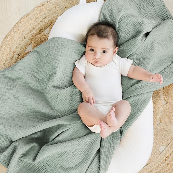 Konssy Muslin Swaddle Blankets for Boys Girls, 2 Pack Receiving Baby Blanket Large 47 x 47 inches, Soft Breathable Swaddling Wrap for Unisex Newborn (Green, Cream)