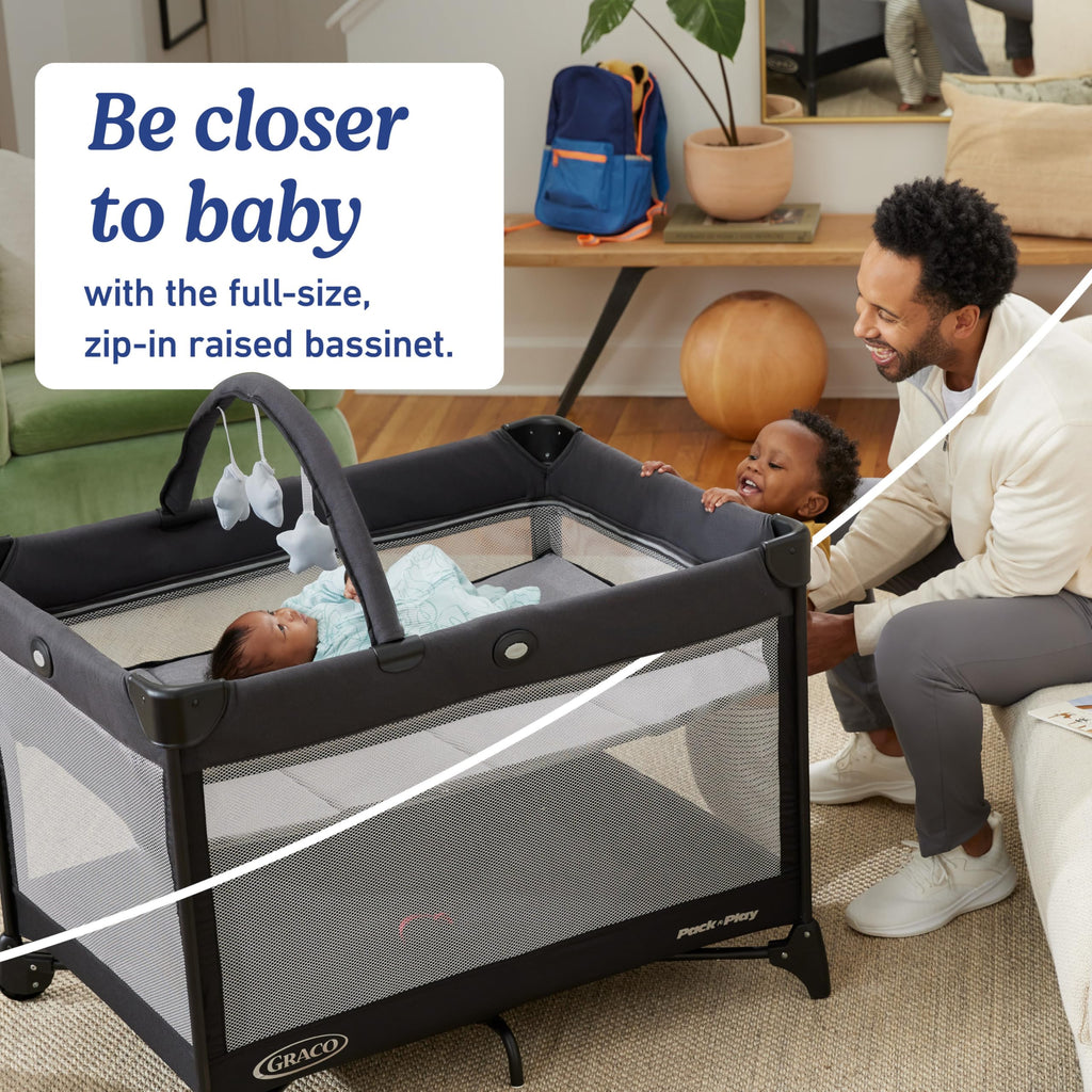Graco® On the Go Zip Pack 'n Play Playard, Folding Playpen with Bassinet, Portable Crib, Reeves