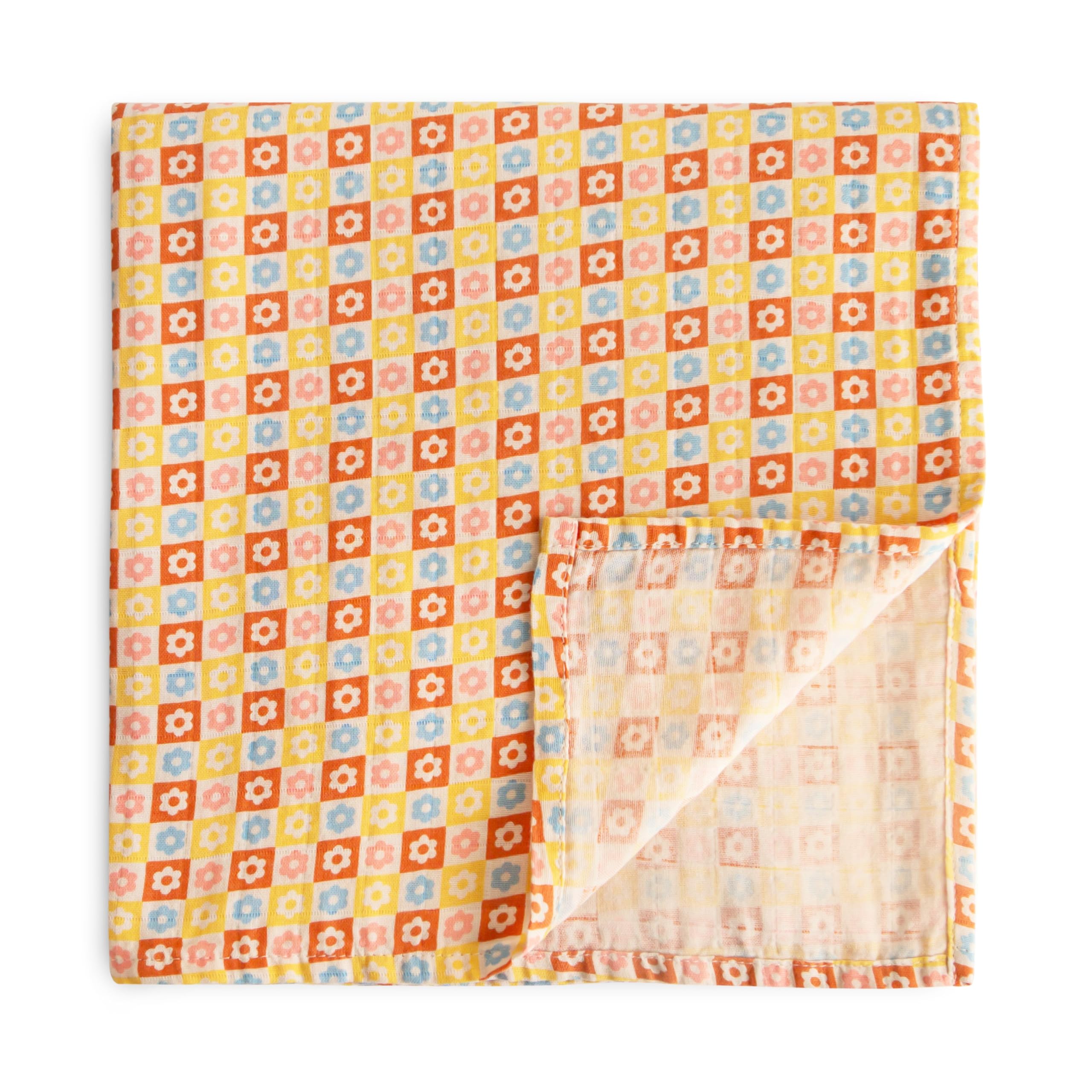mushie Muslin Baby Swaddle Blanket | 100% Organic Cotton (Happy Flowers Check)