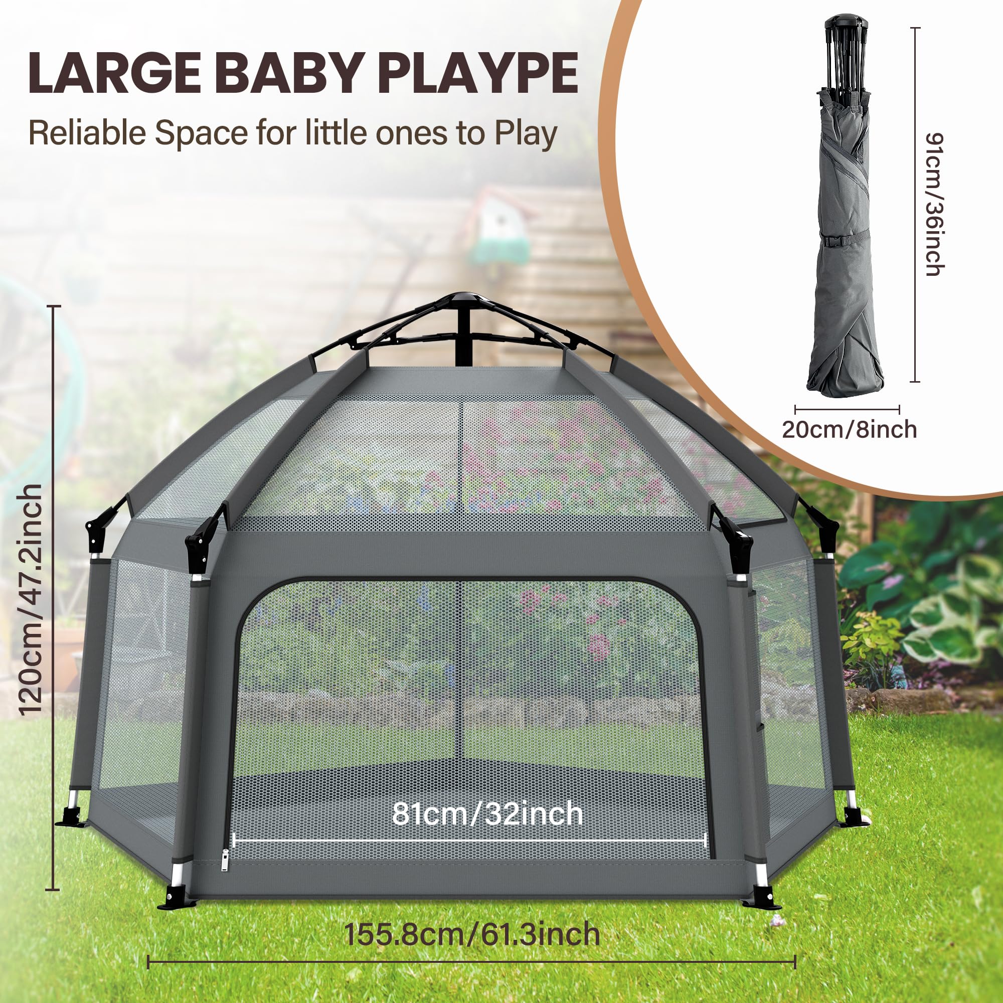 Baby Playpen with Self-Inflating Play Mat & Travel Bag, Portable Outdoor Playpen for Babies and Toddlers, Foldable Pop Up Play Tent for Home, Park, Beach and Camping (Grey)