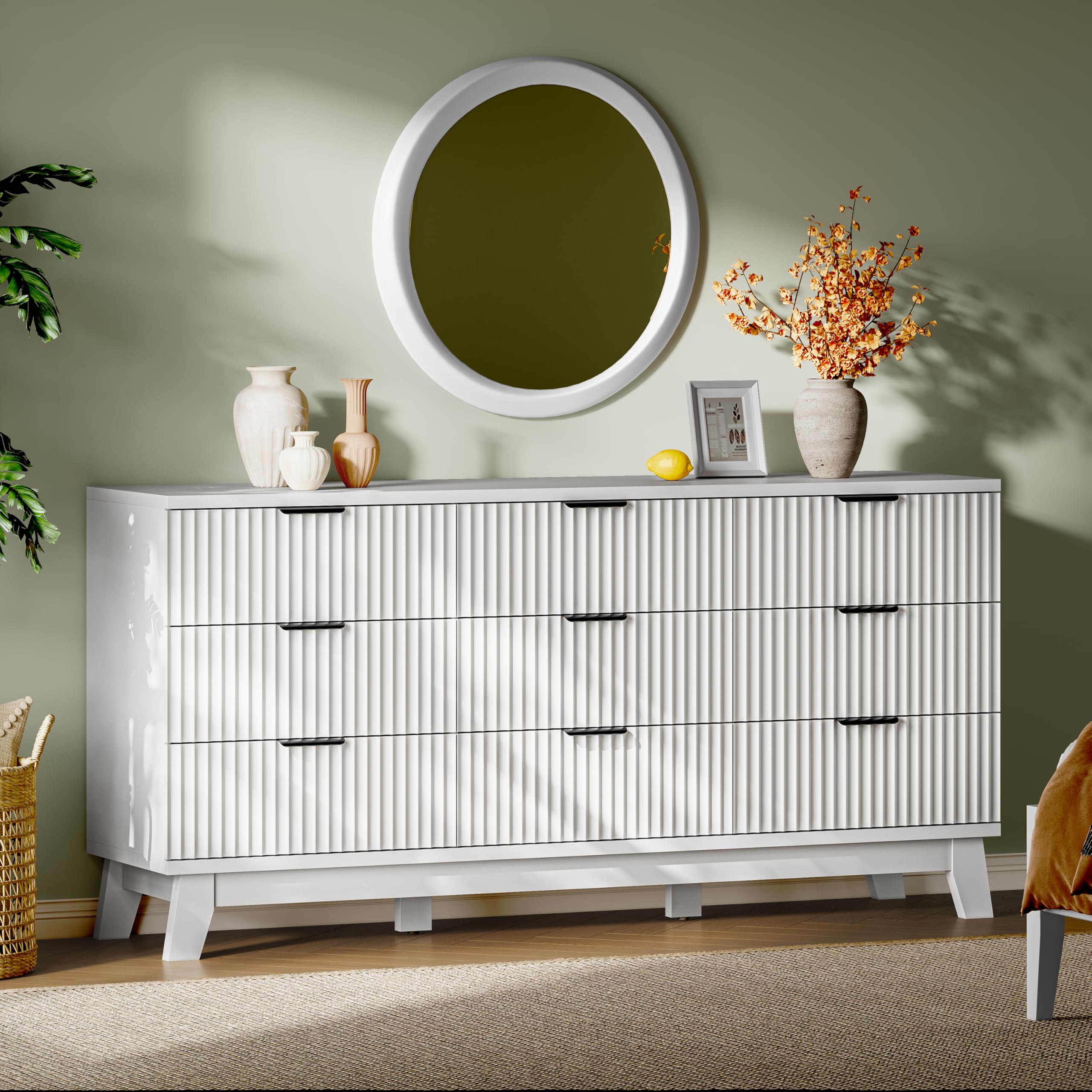 Xixini Fluted Dresser with 9 Drawers, 63" Wide Modern Chest of Drawers with Metal Handle, Wooden Dresser TV Stand, Wood Closet Clothes Storage Organizer for Bedroom, Living Room, Hallway, Solid White