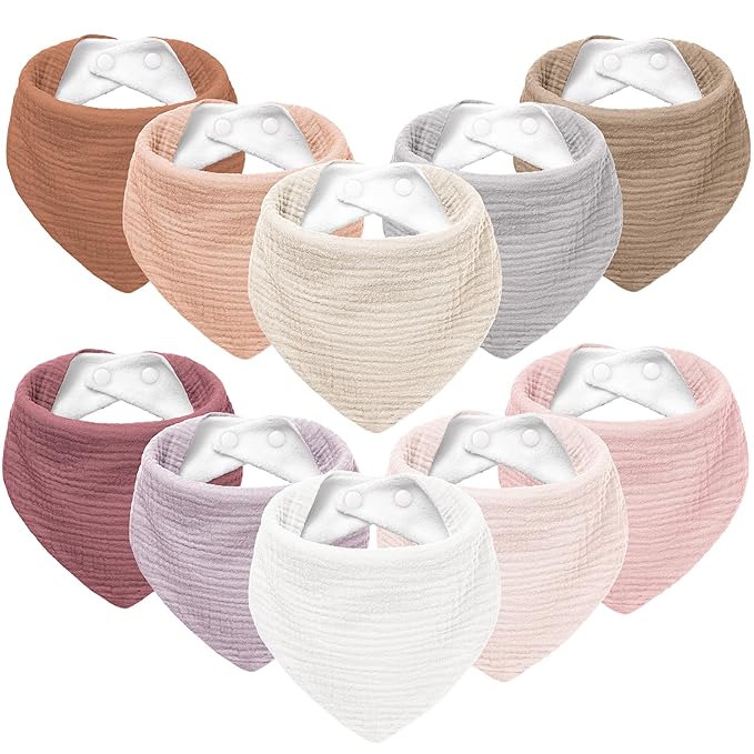 Susurration Muslin Baby Bibs 10Pack Baby Bandana Drool Bibs Soft Adjustable Newborn Bibs for Unisex Baby Girls & Boys (Rosabrun)