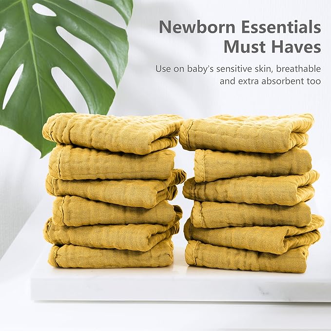 SWEET DOLPHIN 12 Pack Muslin Burp Cloths Large 100% Cotton Hand Washcloths for Baby - Baby Essentials Extra Absorbent and Soft Boys & Girls Milk Spit Up Rags for Newborn Registry - Honey, 20" X10"