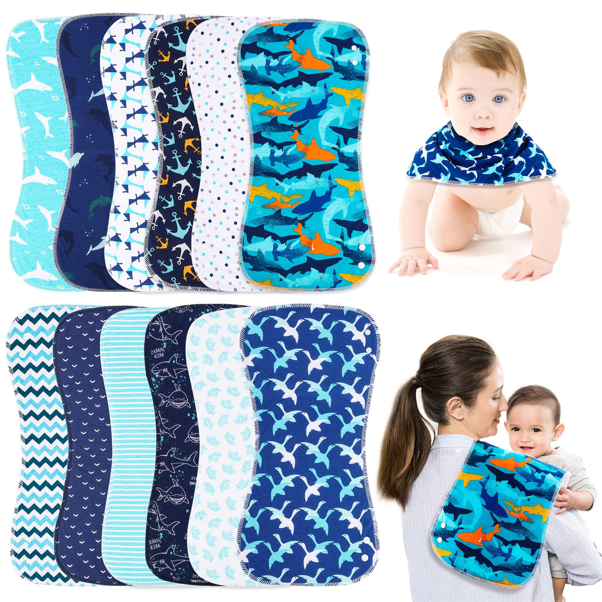 Benoxine 2-in-1 Burp Cloths and Baby Bibs - 6 Pack Large Super Absorbent Soft Cotton Burping Cloths for Spit Up, 3 Layers Thick Baby Burp Rags for Girls & Boys