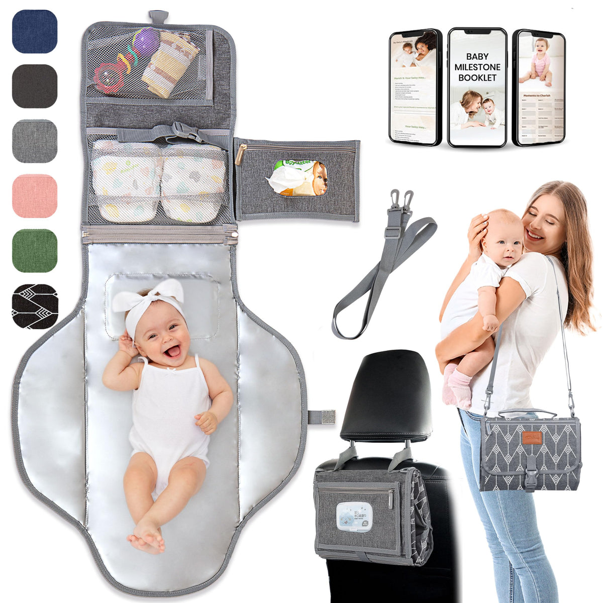 Portable Changing Pad for Baby, Travel Diaper Changing Pad for Newborn, Large Waterproof Baby Changing Mat, Foldable & Detachable Diaper Changing Station with Baby Wipes Pockets Baby Stuff by Pillani