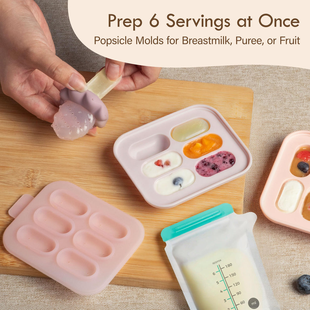 Moonkie Baby Fruit Feeder for Self-Feeding: Controlled Flow Design for Safe First Foods - BPA Free Silicone Food Feeder with Freezer Tray for Cooling Comfort - Baby Shower Gifts 4M+ - 2 Pack