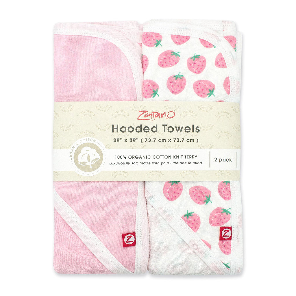Zutano Hooded Baby Towels, Organic Cotton Baby Bath Towel, Ultra Soft and Absorbent Baby Towel for Newborn and Infant | Girl, Boy, and Unisex Towel Set, Strawberries, 2-Pack