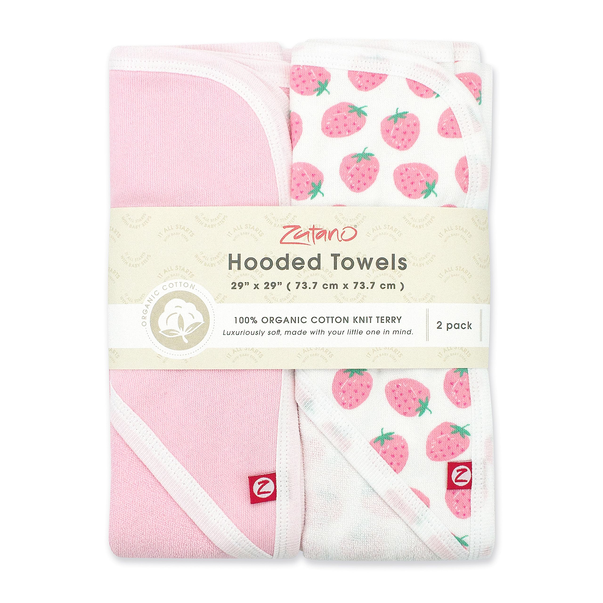 Zutano Hooded Baby Towels, Organic Cotton Baby Bath Towel, Ultra Soft and Absorbent Baby Towel for Newborn and Infant | Girl, Boy, and Unisex Towel Set, Strawberries, 2-Pack