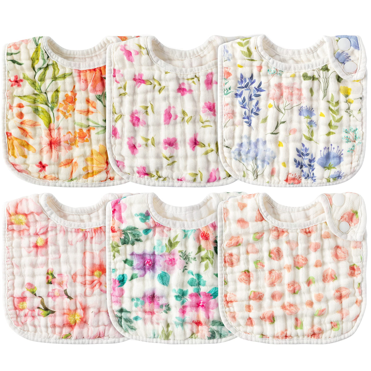 Zainpe 6Pcs Snap Muslin Cotton Bibs for Baby, Flamingo Star Flower Machine Washable Adjustable Burp Cloths with 6 Absorbent Soft Layers for Infant Newborn Toddler Drooling Feeding and Teething